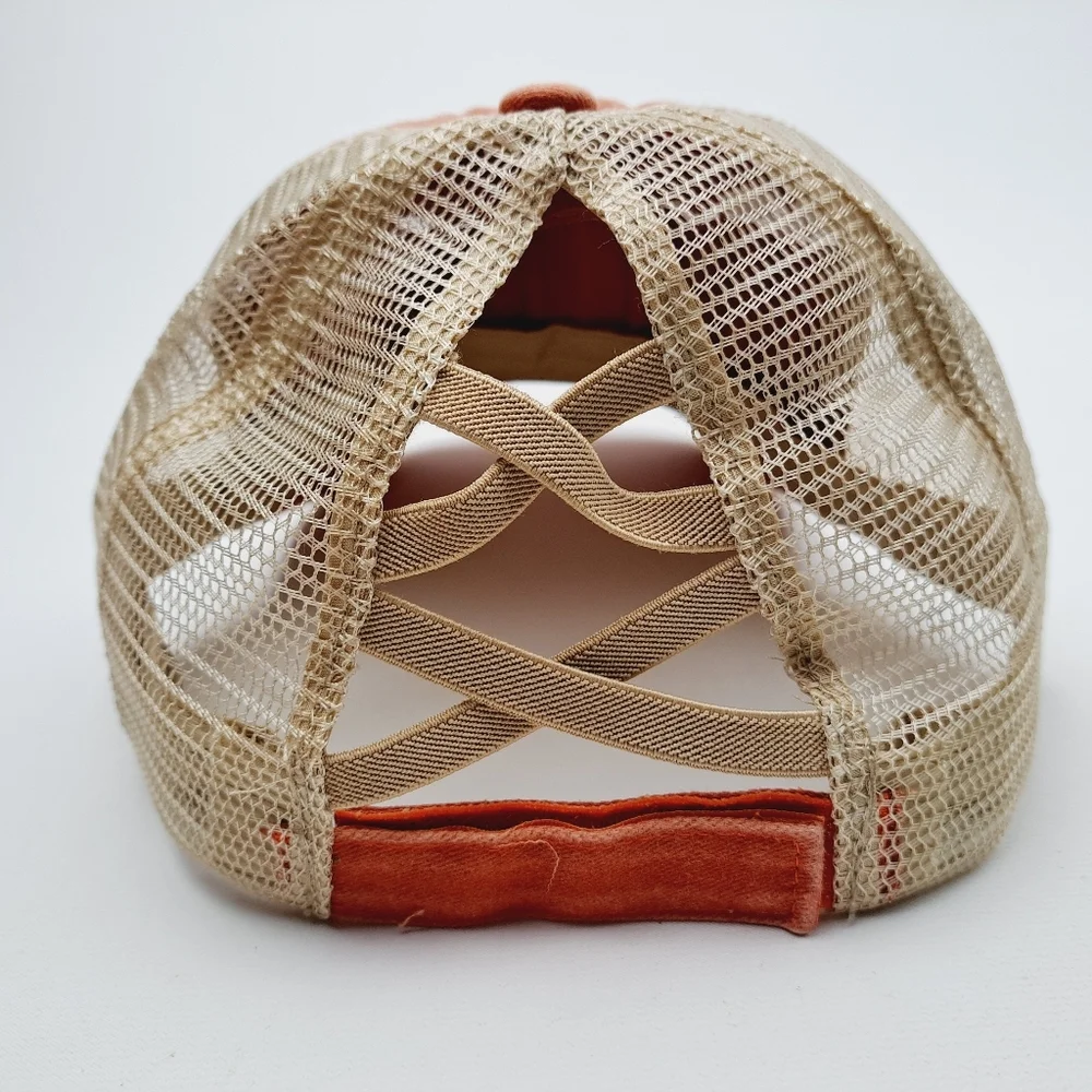 Ponytail Criss-cross Mesh Trucker Women's Cap Hat Distressed Orange